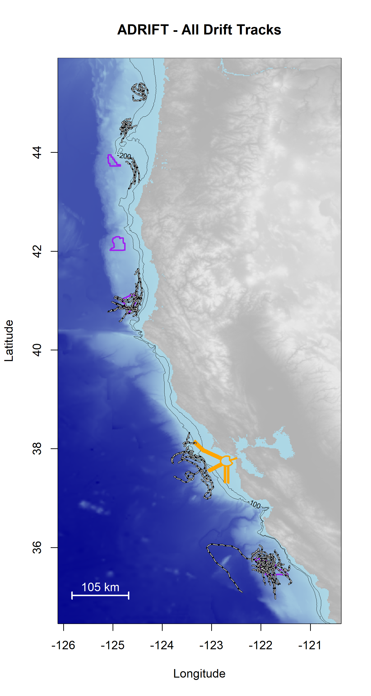 Map of the west coast of the United States with plots of all successful drifts shown as black and white lines that represent their geoposition during the drift. The west coast Wind Energy Areas are outlined in purple, and shipping traffic lanes off San Francisco are outlined in yellow. Latitude is on the x-axis, and Longitude is on the y-axis. Bathymetry is shown with light blue for the shelf and slope waters, and dark blue for deep ocean waters. A 100 m and 200 m isobath line is provided.